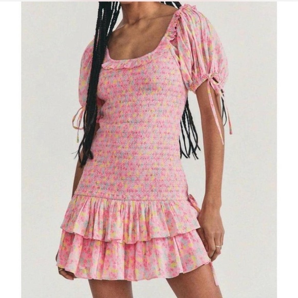 Loveshackfancy Violet Ruffle Mini Dress in Floral Melon Punch size Large $395 - Picture 13 of 16